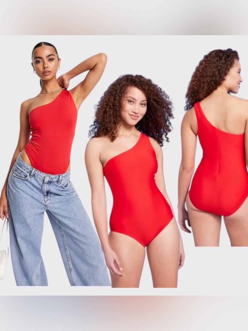 One-Shoulder Red Swimsuit & silver co jeans